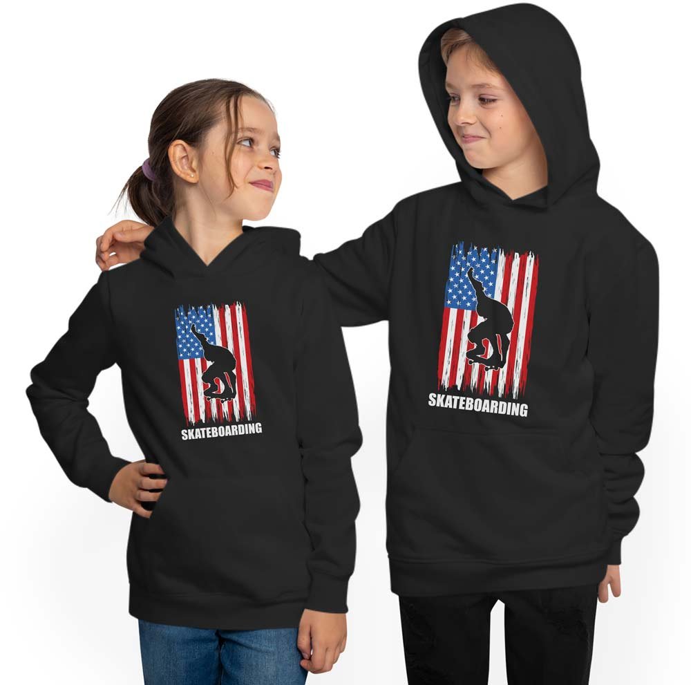 Skater Hoodie Hooded Sweater Kids - Skateboarder in front of USA Flag i541